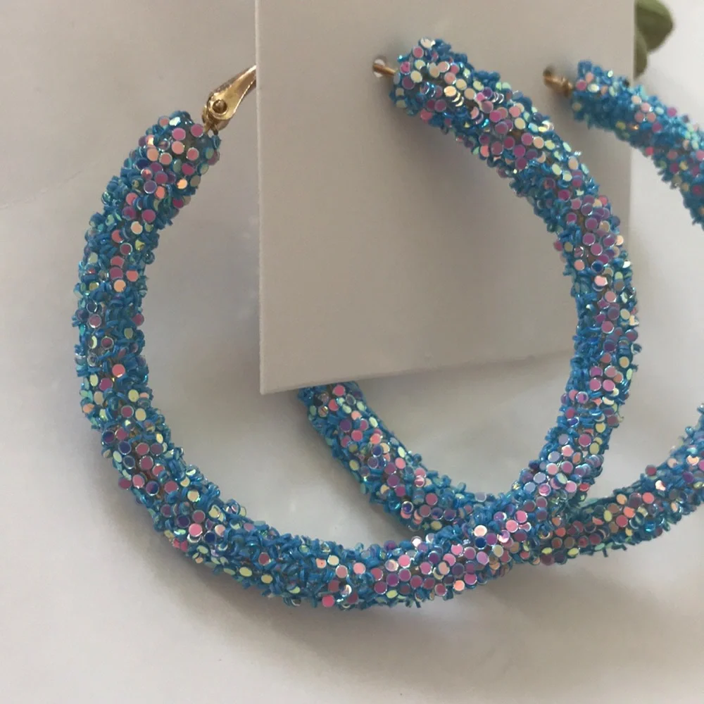 Blue Glitter Hoop Earrings - Picture 2 of 5